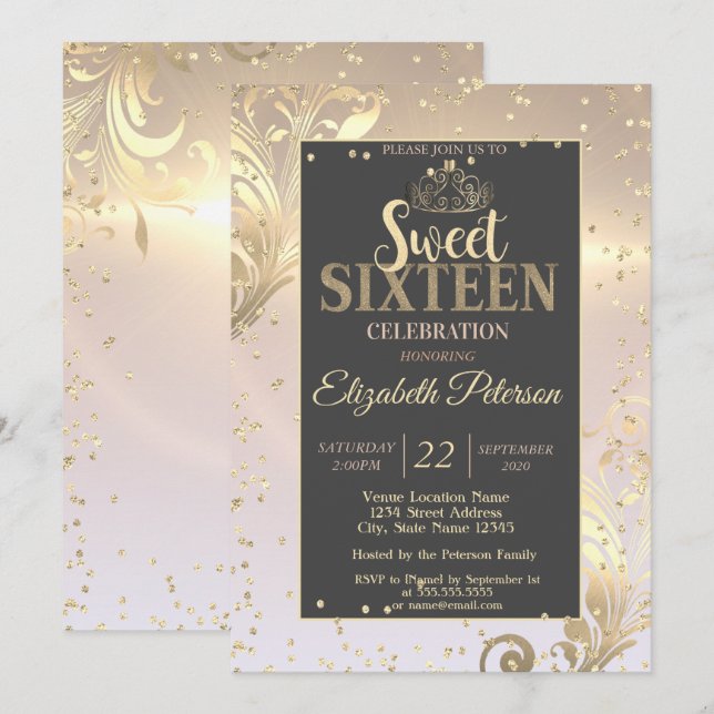 Gold Tiara Sweet Diamonds 16 Party Einladung (Vorne/Hinten)