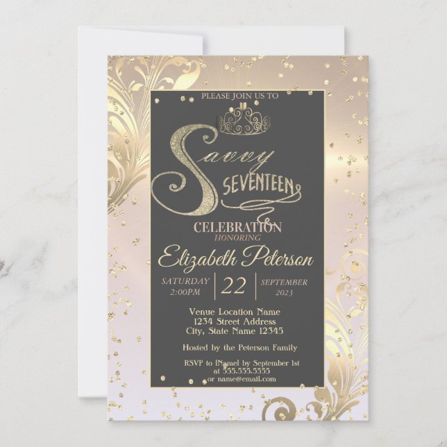 Gold Tiara Sweet Diamonds Savvy siebzehn Einladung (Vorderseite)