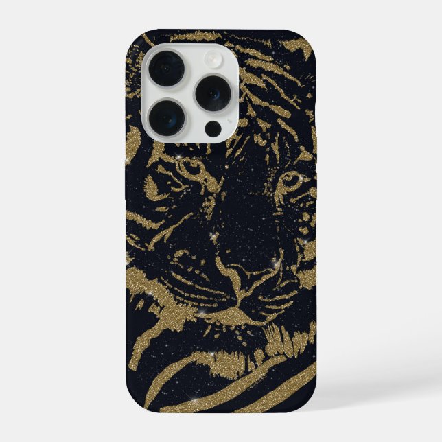 Gold Tiger Black Design iPhone 15 Pro Hülle (Rückseite)