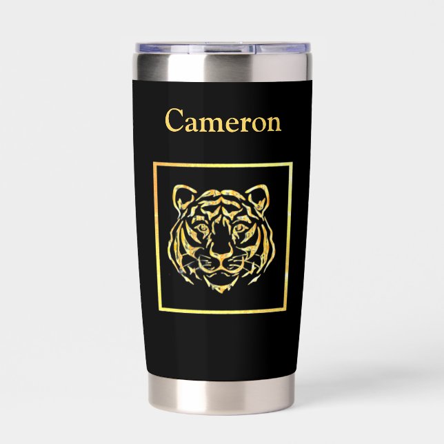 Gold Tiger Face on Black Thermobecher (Vorderseite)