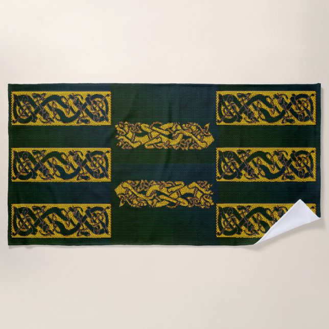 Gold Tiled Celtic Knot Dragon Hounds Strandtuch (Vorderseite)