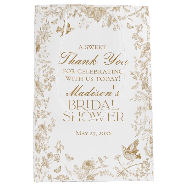 Gold Toile De Jouy Brautparty Favoriten Mittlere Geschenktüte (Vorderseite)
