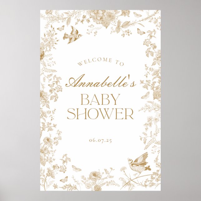 Gold Toile De Jouy Floral Baby Dusche Begrüßungsze Poster (Vorne)