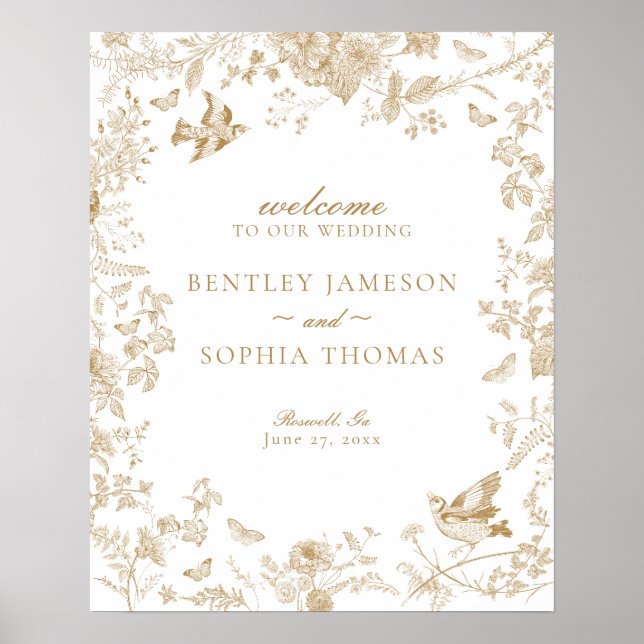 Gold Toile De Jouy Floral Mariage Affiche de bienv (Devant)