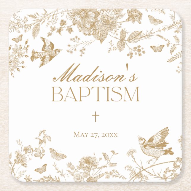 Gold Toile De Jouy Vintage Blumentaufe Rechteckiger Pappuntersetzer (Vorderseite)