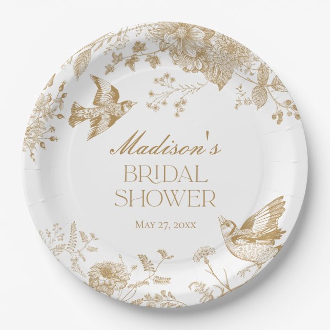 Gold Toile De Jouy Vintages Brautparty Pappteller (Vorderseite)
