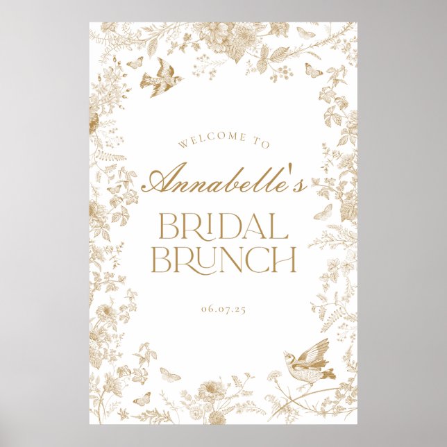 Gold Toile Jouy Floral Bridal Brunch Begrüßungszei Poster (Vorne)