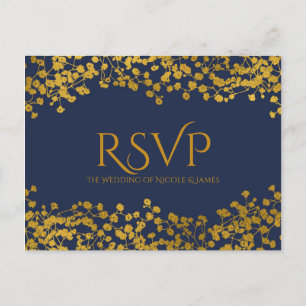Gold-Ton-Babys-Breath-Blau-elegante-Blumen-RSVP Einladungspostkarte