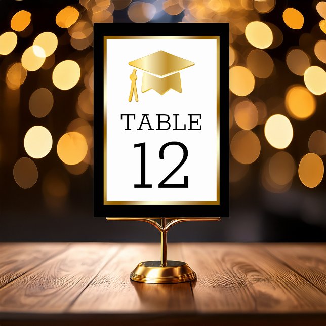 Gold Tone Grad Cap auf Black Classy Abschluss Tischnummer (Gold Tone Grad Cap Graduation Table Number Cards with Black Text - Black Printed Frame)