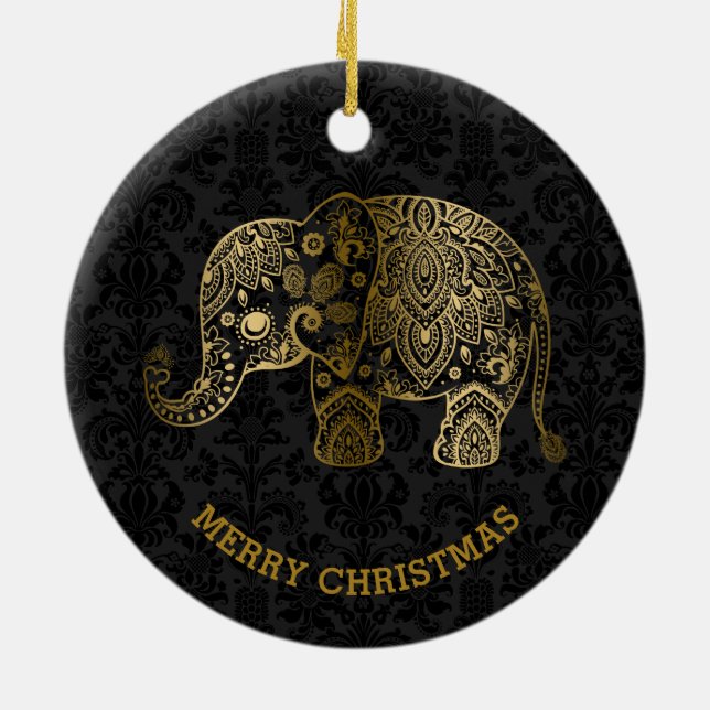 Gold Tones floral Elephant auf schwarzen Damasken Keramikornament (Hinten)