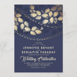 Gold Tree Blätter und Lichter | Blaue Hochzeit Einladung