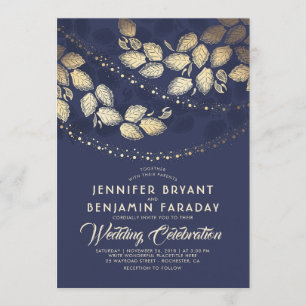 Gold Tree Blätter und Lichter   Blaue Hochzeit Einladung