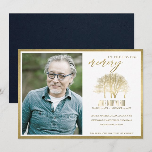 GOLD TREE FOTO BEILEID MEMORIAL SERVICE INVITE DANKESKARTE (Vorne/Hinten)