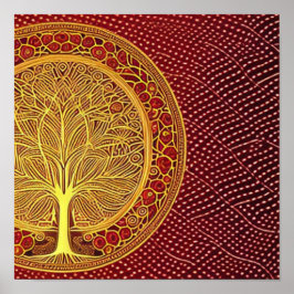 Gold Tree on Red Background Poster