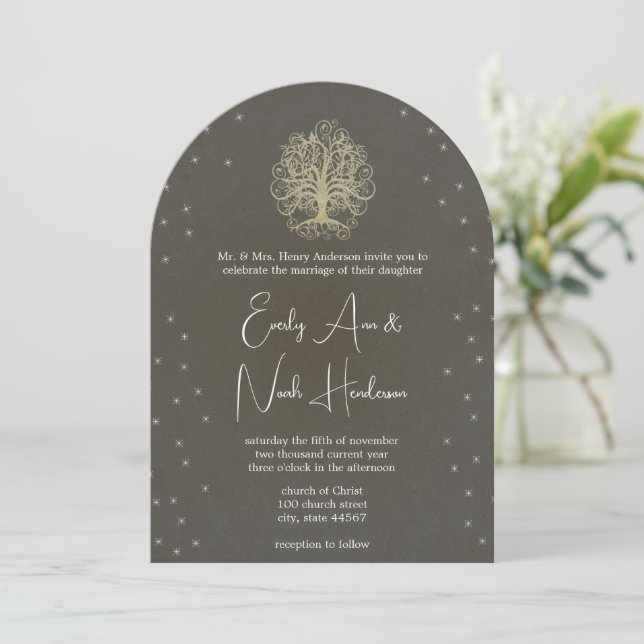 Gold Tree Under the Stars Mariage Invitations (Debout devant)