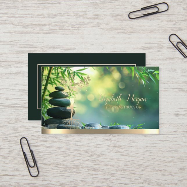 Gold Tree Woman Silhouette,Zen Stones Green Visitenkarte (Vorderseite/Rückseite Beispiel)