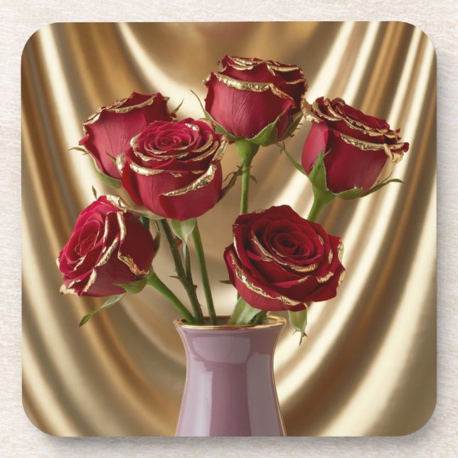 Gold Trimmte Rote Rosen Untersetzer Set (Vorderseite)