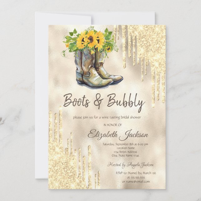 Gold Tropfen Boots Sunflowers Brautparty Einladung (Vorderseite)
