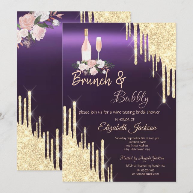 Gold Tropfen Brunch & Bubbly Lila Brautparty Einladung (Vorne/Hinten)