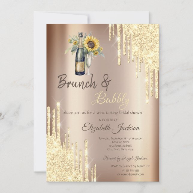 Gold-Tropfen, Champagner, Sonnenblumen-Brautparty Einladung (Vorderseite)