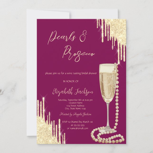 Gold Tropfen Chic Pearls Prosecco Brautparty Einladung (Vorderseite)