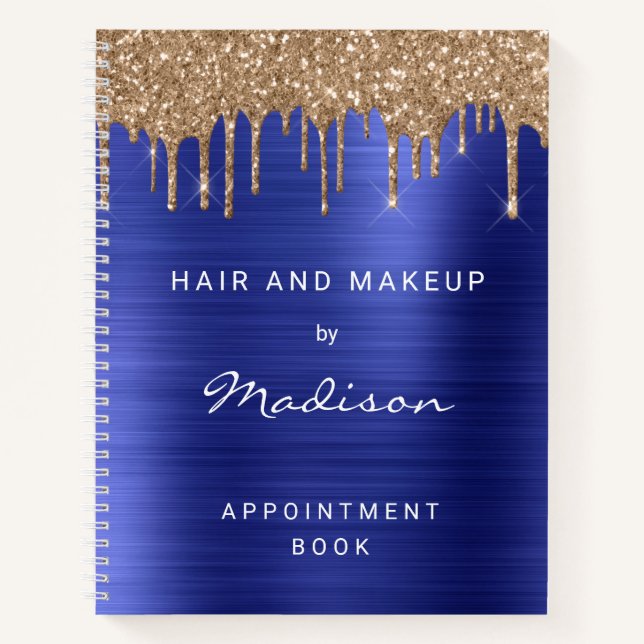 Gold Tropfen Glitzer Blue Brushed Metal Termin Notizbuch (Vorderseite)