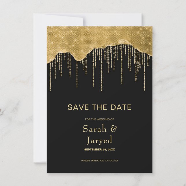 Gold Tropfen Glitzer Save The Date (Vorderseite)