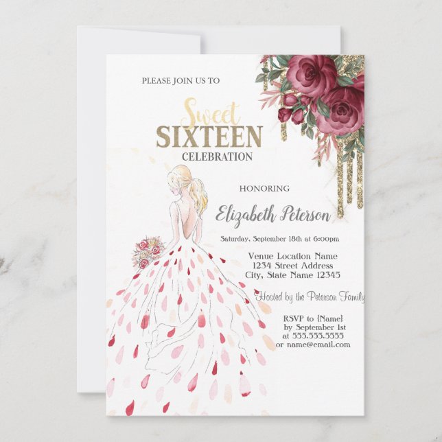 Gold-Tropfen, Kleid, Aquarellfarben-Rose Süß 16 Einladung (Vorderseite)