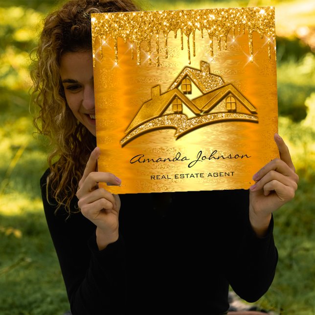 Gold Tropfen Logo House Real Anwesen Agent Luxus Quadratische Visitenkarte (Gold Drips Logo House Real Estate Agent Luxury Square Business Card)