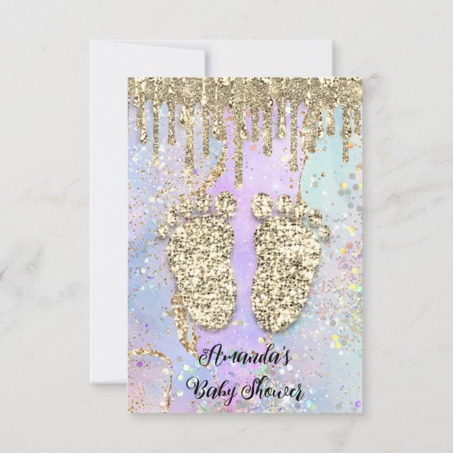Gold Tropfens Glitzer Princes Girl Baby Holograph Einladung (Rückseite)