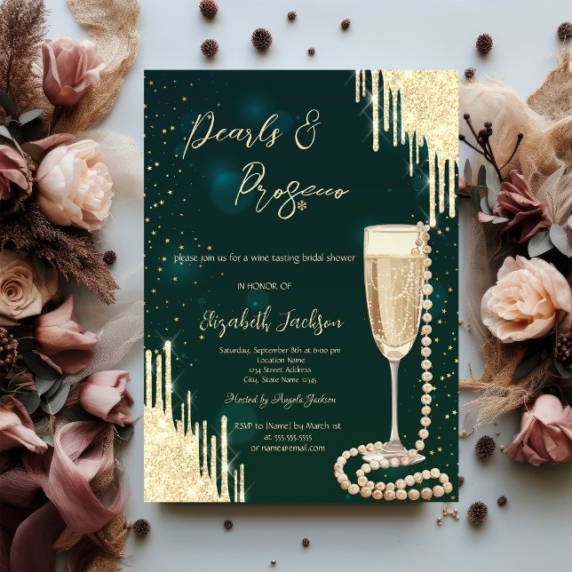 Gold Tropfens Green Pearls Prosecco Brautparty Einladung (Von Creator hochgeladen)