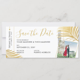 Gold Tropical Boarding Pass Pic Save the Date Ankündigung