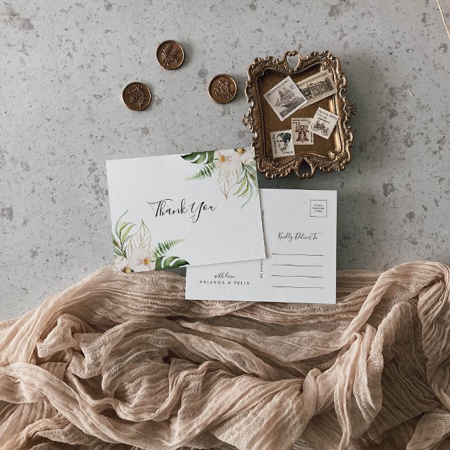 Gold Tropical Foliage Floral Merci Carte postale (Créateur téléchargé)