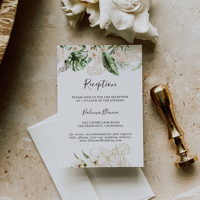 Gold Tropical Foliage Floral Wedding Reception Begleitkarte (Von Creator hochgeladen)