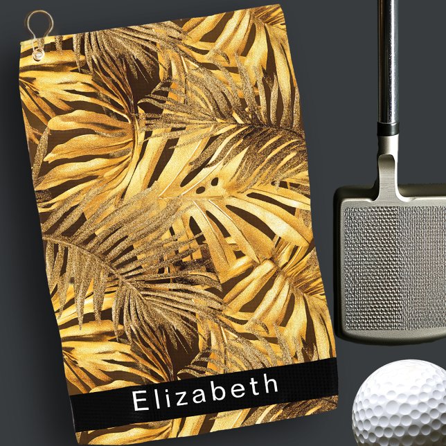 Gold Tropical Leaves Personalized Golfhandtuch (Von Creator hochgeladen)