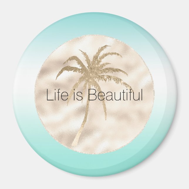 Gold Tropical Palm Tree Mint Aqua Ombre Magnet (Vorne)