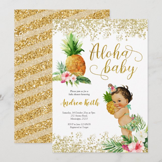 Gold Tropical Pineaple Girl Baby Dusche Einladung (Vorne/Hinten)