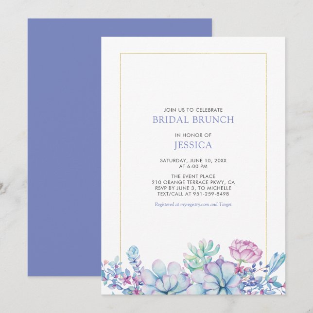 Gold & Tropical Succulents Bridal Brunch Dusche in Einladung (Vorne/Hinten)