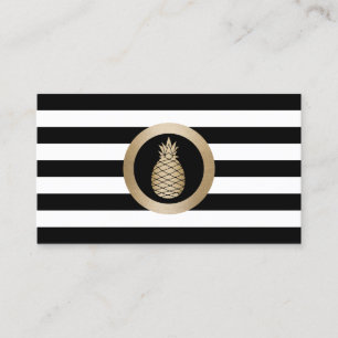 Gold Tropische Ananas Moderne Schwarz-weiße Streif Visitenkarte
