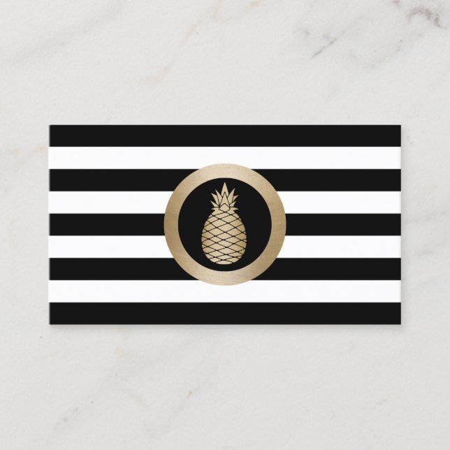 Gold Tropische Ananas Moderne Schwarz-weiße Streif Visitenkarte (Vorderseite)