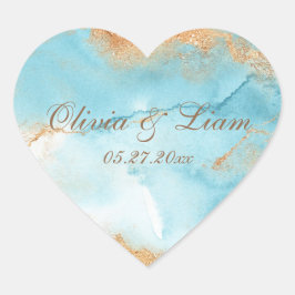 Gold Türkis Abstrakter Name Datum Hochzeit Herz-Aufkleber