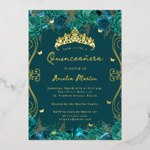 Gold Türkis Wirbel Schriftrolle Floral Quinceanera Folieneinladung