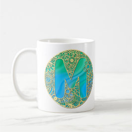 Gold, Türkisbuchstaben M und farbenfrohe Blume Kaffeetasse