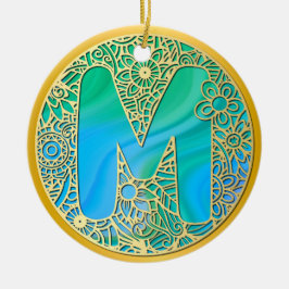 Gold, Türkisbuchstaben M und farbenfrohe Blume Keramik Ornament