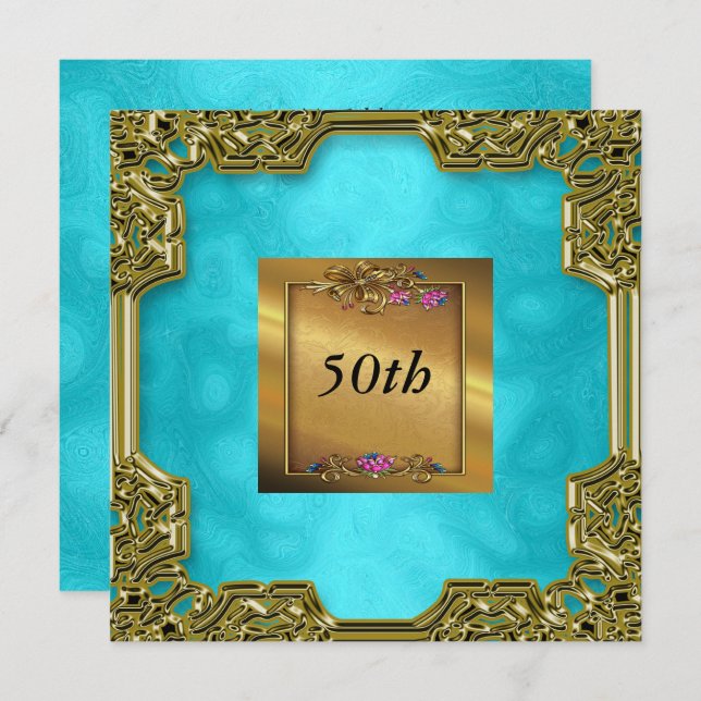 Gold Turquoise Anniversaire Invitations (Devant / Derrière)