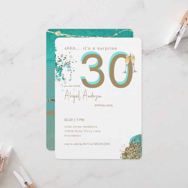 Gold & Turquoise Glam Surprise 30th Birthday Party Einladung (Vorderseite/Rückseite Beispiel)