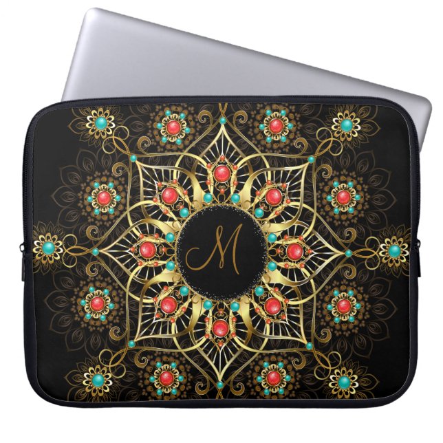 Gold Turquoise Red Mandala Monogram Laptopschutzhülle (Vorderseite)