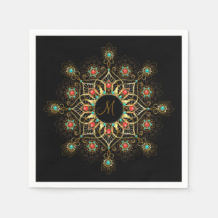 Gold Turquoise Red Mandala Monogram Napkins Serviette