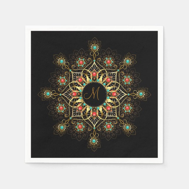 Gold Turquoise Red Mandala Monogram Napkins Serviette (Vorderseite)