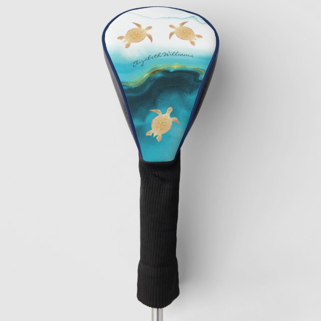 Gold Turtle Tribal Aquamarin Tinte Monogram Beach Golf Headcover (Vorderseite)